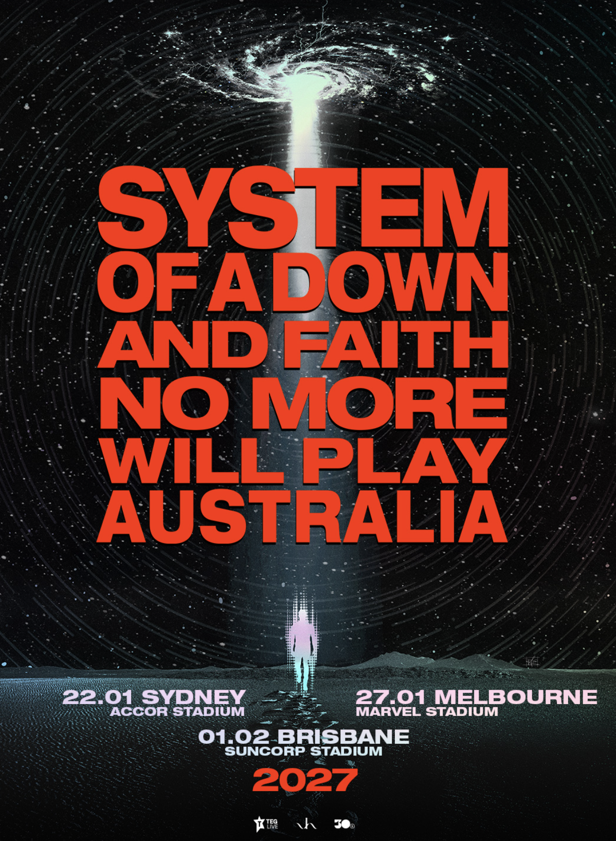 Tour poster for System of a Down & Faith No More in Australia 2027, featuring Sydney, Melbourne, and Brisbane concert dates against a space background.
